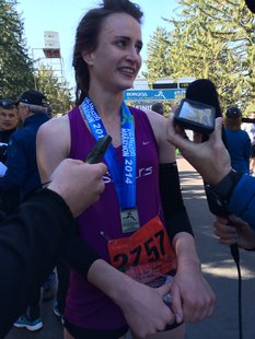 2014 Kalamazoo Marathon half-marathon female winner 23-year-old Sarah Drevon. 2014 Kalamazoo Marathon half-marathon female winner 23-year-old Sarah Drevon.