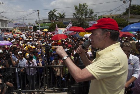 Colombia's President and presidential candidate Juan Manuel Santos delivers a speech during a campaign rally in Soledad, northern Colombia M Colombia's President and presidential candidate Juan Manuel Santos delivers a speech during a campaign rally in Soledad, northern Colombia M