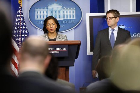 White House national security adviser Susan Rice and spokesman Jay Carney (R) address reporters in the press briefing room at the White Hous White House national security adviser Susan Rice and spokesman Jay Carney (R) address reporters in the press briefing room at the White Hous