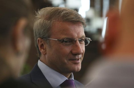 German Gref, CEO of Russia's largest bank Sberbank, speaks to journalists at the bank's head office in Moscow March 24, 2014. REUTERS/Sergei German Gref, CEO of Russia's largest bank Sberbank, speaks to journalists at the bank's head office in Moscow March 24, 2014. REUTERS/Sergei