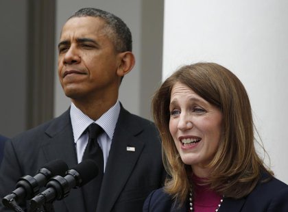 U.S. President Barack Obama listens after nominating Director of the Office of Management and Budget Sylvia Mathews Burwell (R) to replace o U.S. President Barack Obama listens after nominating Director of the Office of Management and Budget Sylvia Mathews Burwell (R) to replace o