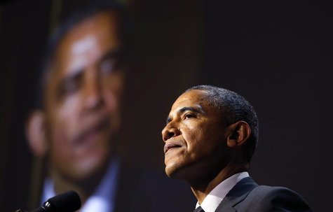U.S. President Barack Obama speaks after being presented with the Ambassador for Humanity Award by movie producer Steven Spielberg at the US U.S. President Barack Obama speaks after being presented with the Ambassador for Humanity Award by movie producer Steven Spielberg at the US