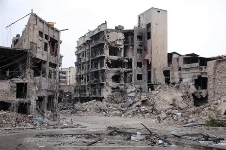 A view of damaged buildings near a hotel used by President Bashar al-Assad's forces, in old Aleppo May 8, 2014. REUTERS/George Ourfalian A view of damaged buildings near a hotel used by President Bashar al-Assad's forces, in old Aleppo May 8, 2014. REUTERS/George Ourfalian
