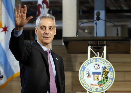 Mayor of Chicago Rahm Emanuel arrives at the public unveiling of Motorola Mobility global headquarters in Chicago, Illinois, April 22, 2014. Mayor of Chicago Rahm Emanuel arrives at the public unveiling of Motorola Mobility global headquarters in Chicago, Illinois, April 22, 2014.