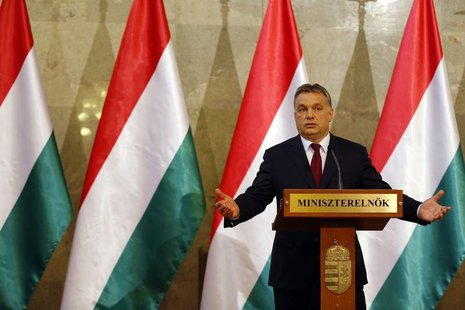 Hungary's Prime Minister Viktor Orban addresses a news conference after parliamentary elections in Budapest April 7, 2014. REUTERS/Laszlo Ba Hungary's Prime Minister Viktor Orban addresses a news conference after parliamentary elections in Budapest April 7, 2014. REUTERS/Laszlo Ba