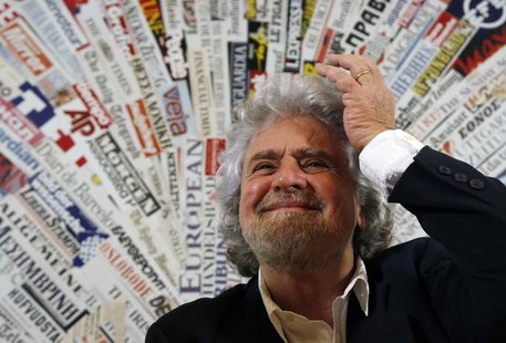 The 5-Star Movement leader and comedian Beppe Grillo gestures before a news conference for foreign press in downtown Rome January 23, 2014. The 5-Star Movement leader and comedian Beppe Grillo gestures before a news conference for foreign press in downtown Rome January 23, 2014.