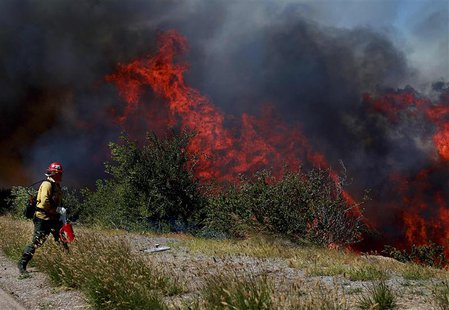A firefighter battles the Ranch Fire near San Diego, California May 13, 2014. REUTERS/Sandy Huffaker A firefighter battles the Ranch Fire near San Diego, California May 13, 2014. REUTERS/Sandy Huffaker