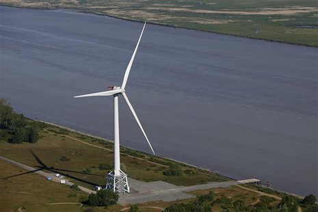 Aerial view of a Haliade 150 offshore wind turbine at Alstom's offshore wind site at Le Carnet in Frossay on the Loire Estuary western Franc Aerial view of a Haliade 150 offshore wind turbine at Alstom's offshore wind site at Le Carnet in Frossay on the Loire Estuary western Franc