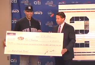 Yankee Captain Derek Jeter receives check for $22,222.22 for the foundation and the big tile artwork. Yankee Captain Derek Jeter receives check for $22,222.22 for the foundation and the big tile artwork.