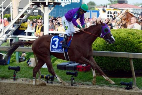May 17, 2014; Baltimore, MD, USA; Victor Espinoza aboard California Chrome crosses the finish line to win the 139th Preakness Stakes at Pimlico Race Course. Tommy Gilligan-USA TODAY Sports May 17, 2014; Baltimore, MD, USA; Victor Espinoza aboard California Chrome crosses the finish line to win the 139th Preakness Stakes at Pimlico Race Course. Tommy Gilligan-USA TODAY Sports