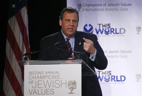 New Jersey Governor Chris Christie addresses the second Annual Champions of Jewish Values International Awards Gala in New York, May 18, 201 New Jersey Governor Chris Christie addresses the second Annual Champions of Jewish Values International Awards Gala in New York, May 18, 201