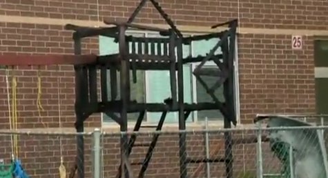 Fire damages the playground at New London High School on May 20, 2014. (Photo from: FOX 11/YouTube). Fire damages the playground at New London High School on May 20, 2014. (Photo from: FOX 11/YouTube).