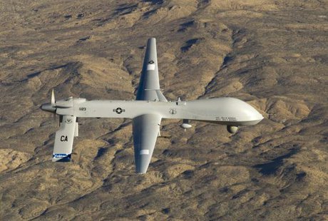 A U.S. Air Force MQ-1 Predator unmanned aerial vehicle assigned to the California Air National Guard's 163rd Reconnaissance Wing flies near the Southern California Logistics Airport in Victorville, California in this January 7, 2012 USAF handout photo obtained by Reuters February 6, 2013.
CREDIT: REUTERS/U.S. AIR FORCE/TECH. SGT. EFFRAIN LOPEZ/HANDOUT A U.S. Air Force MQ-1 Predator unmanned aerial vehicle assigned to the California Air National Guard's 163rd Reconnaissance Wing flies near the Southern California Logistics Airport in Victorville, California in this January 7, 2012 USAF handout photo obtained by Reuters February 6, 2013.
CREDIT: REUTERS/U.S. AIR FORCE/TECH. SGT. EFFRAIN LOPEZ/HANDOUT