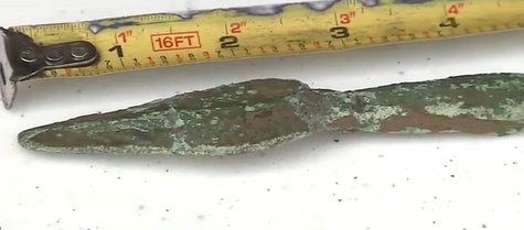 A copper spear tip, which experts believe is a Native American spear tip thousands of years old, was found by a Neenah man recently. (Photo from: FOX 11). A copper spear tip, which experts believe is a Native American spear tip thousands of years old, was found by a Neenah man recently. (Photo from: FOX 11).
