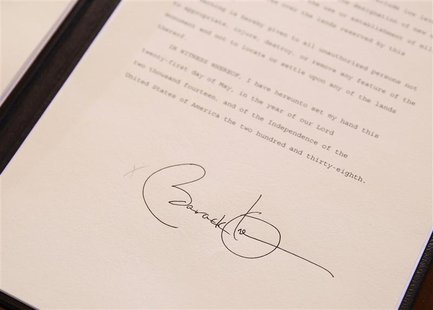 The signature of U.S. President Barack Obama on a proclamation establishing the Organ Mountains-Desert Peaks National Monument in south-cent The signature of U.S. President Barack Obama on a proclamation establishing the Organ Mountains-Desert Peaks National Monument in south-cent