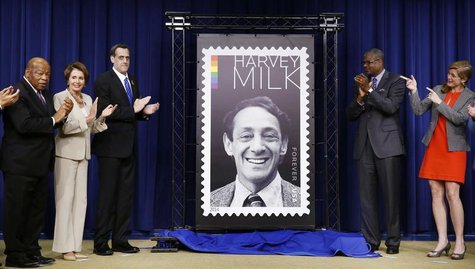 Representative John Lewis (Ga), House Minority Leader Nancy Pelosi, President of the Harvey Milk Foundation Stuart Milk, Deputy Postmaster G Representative John Lewis (Ga), House Minority Leader Nancy Pelosi, President of the Harvey Milk Foundation Stuart Milk, Deputy Postmaster G