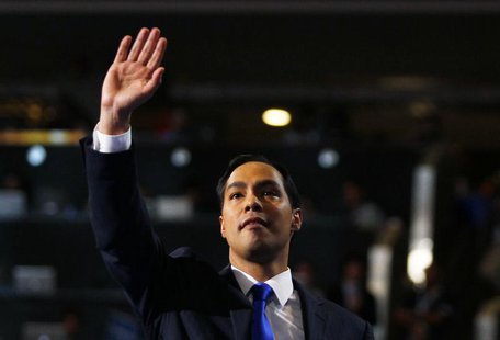 Keynote speaker and San Antonio, Texas Mayor Julian Castro waves while addressing the first session of the Democratic National Convention in Keynote speaker and San Antonio, Texas Mayor Julian Castro waves while addressing the first session of the Democratic National Convention in