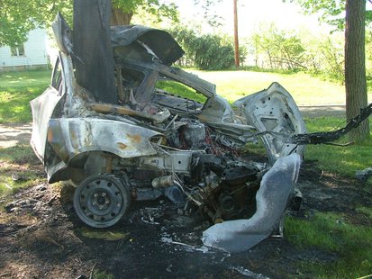 Remains of a single-vehicle crash on May 24, 2014, off of 63rd Street in Hartford. The driver, Juan Carlos Meza Jr. of Dowagiac, died at the scene. (photo courtesy Michigan State Police) Remains of a single-vehicle crash on May 24, 2014, off of 63rd Street in Hartford. The driver, Juan Carlos Meza Jr. of Dowagiac, died at the scene. (photo courtesy Michigan State Police)