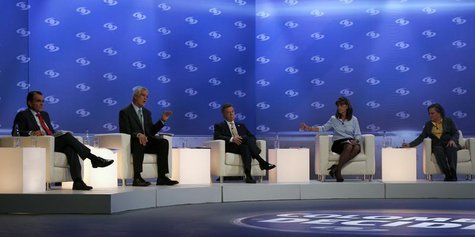 Colombia's presidential candidates (L-R) Ivan Zuluaga Oscar, Enrique Penalosa, Juan Manuel Santos, Marta Lucia Ramirez and Clara Lopez atten Colombia's presidential candidates (L-R) Ivan Zuluaga Oscar, Enrique Penalosa, Juan Manuel Santos, Marta Lucia Ramirez and Clara Lopez atten