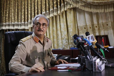General Khalifa Haftar attends a news conference at Benina air base in Benghazi May 24, 2014. REUTERS/Esam Omran Al-Fetori General Khalifa Haftar attends a news conference at Benina air base in Benghazi May 24, 2014. REUTERS/Esam Omran Al-Fetori
