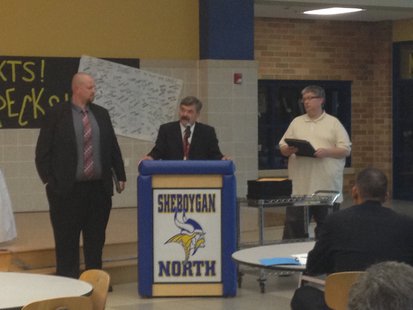 South High School Principal Mike Trimberger (left) receives the Administrator of the Year award from the Sheboygan Area School District for the 2013-2014 school year. Recognizing him is Superintendent Joe Sheehan (center) and Board President David Gallianetti (right). South High School Principal Mike Trimberger (left) receives the Administrator of the Year award from the Sheboygan Area School District for the 2013-2014 school year. Recognizing him is Superintendent Joe Sheehan (center) and Board President David Gallianetti (right).