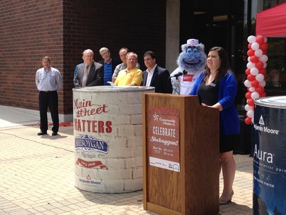 City of Sheboygan officials and Benjamin Moore representatives at the Main Street Matters event outside the Mead Public Library. City of Sheboygan officials and Benjamin Moore representatives at the Main Street Matters event outside the Mead Public Library.