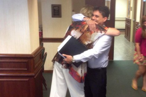 Jackie Pische hugs Ben Adler at Theda Clark Medical Center in Neenah, June 11, 2014. Adler received a heart transplanted from Pische's son, Joshua Richards, who was shot and killed at Luna Lounge in Appleton, Dec. 8, 2013. (Photo from: FOX 11). Jackie Pische hugs Ben Adler at Theda Clark Medical Center in Neenah, June 11, 2014. Adler received a heart transplanted from Pische's son, Joshua Richards, who was shot and killed at Luna Lounge in Appleton, Dec. 8, 2013. (Photo from: FOX 11).