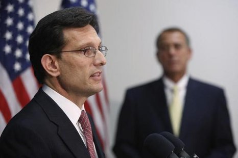 U.S. House Majority Leader Eric Cantor (R-VA) (L) and House Speaker John Boehner (R-OH) address reporters after a Republican caucus meeting at the U.S. Capitol in Washington May 7, 2014.
CREDIT: REUTERS/JONATHAN ERNST U.S. House Majority Leader Eric Cantor (R-VA) (L) and House Speaker John Boehner (R-OH) address reporters after a Republican caucus meeting at the U.S. Capitol in Washington May 7, 2014.
CREDIT: REUTERS/JONATHAN ERNST