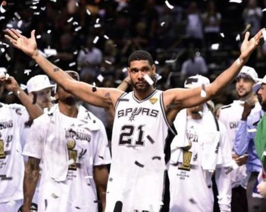 Jun 15, 2014; San Antonio, TX, USA; San Antonio Spurs forward Tim Duncan (21) celebrate after game five of the 2014 NBA Finals at AT&T Center. Bob Donnan-USA TODAY Sports Jun 15, 2014; San Antonio, TX, USA; San Antonio Spurs forward Tim Duncan (21) celebrate after game five of the 2014 NBA Finals at AT&T Center. Bob Donnan-USA TODAY Sports