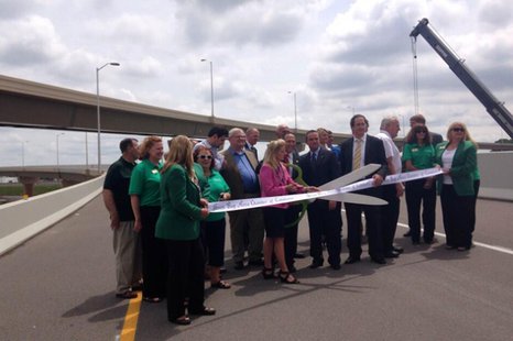 State and local officials hold a ribbon-cutting ceremony for the new flyover ramps connecting highways 41 and 29 in Brown County, June 23, 2014. (Photo from: FOX 11).
State and local officials hold a ribbon-cutting ceremony for the new flyover ramps connecting highways 41 and 29 in Brown County, June 23, 2014. (Photo from: FOX 11).