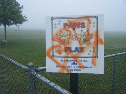 A photo of the vandalism to the area of the Manitowoc Breakwater Lighthouse and nearby dog park. (Photo from: City of Manitowoc Facebook page). A photo of the vandalism to the area of the Manitowoc Breakwater Lighthouse and nearby dog park. (Photo from: City of Manitowoc Facebook page).
