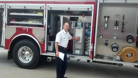 Assistant Fire Chief Leroy Skarloken shows of the Fargo Fire Department's new rescue pumper truck Assistant Fire Chief Leroy Skarloken shows of the Fargo Fire Department's new rescue pumper truck