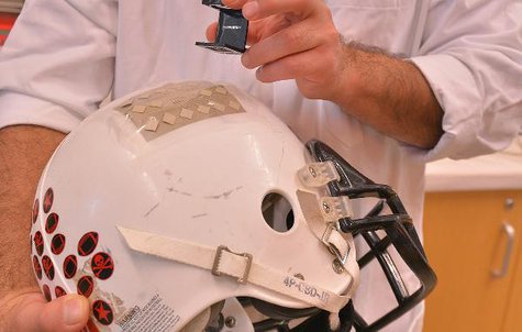 A closer look at the sensors embedded in the helmet. A closer look at the sensors embedded in the helmet.