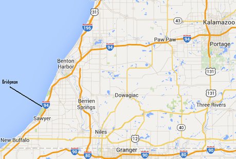 Bridgman is located on the lake shore in Berrien County Bridgman is located on the lake shore in Berrien County