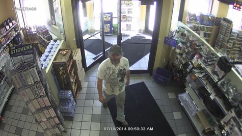 Surveillance photo of man in puppy case at an Oshkosh truck stop (Photo from: Oshkosh Police Department). Surveillance photo of man in puppy case at an Oshkosh truck stop (Photo from: Oshkosh Police Department).