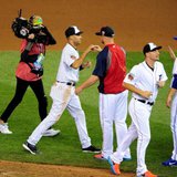 Jul 15, 2014; Minneapolis, MN, USA; American League infielder Derek Jeter (left) of the New York Yankees celebrates with teammates after defeating the National League 5-3 in the 2014 MLB All Star Game at Target Field. Mandatory Credit: Jeff Curry-USA TODAY Sports Jul 15, 2014; Minneapolis, MN, USA; American League infielder Derek Jeter (left) of the New York Yankees celebrates with teammates after defeating the National League 5-3 in the 2014 MLB All Star Game at Target Field. Mandatory Credit: Jeff Curry-USA TODAY Sports