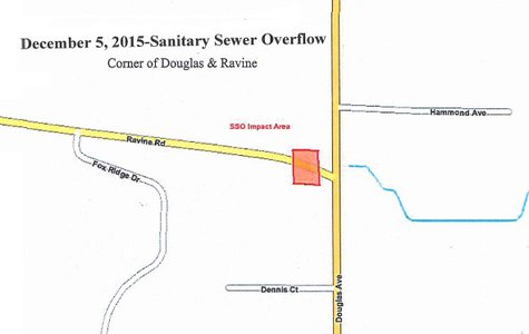 The red square on the map represents the area impacted by the sewer overflow.  (graphic provided by City of Kalamazoo)